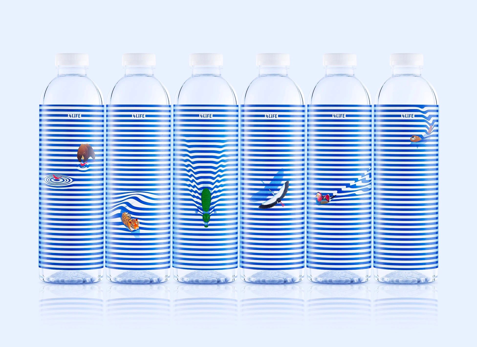 蓝白线条和动物插画打造精美矿泉水包装